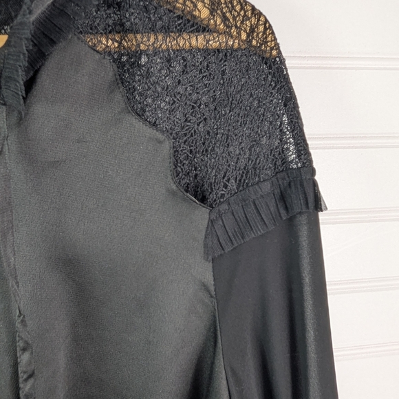 Gracia Black Lace Trim Long Sleeve Satin Cinch Waist Blouse L - Picture 5 of 7
